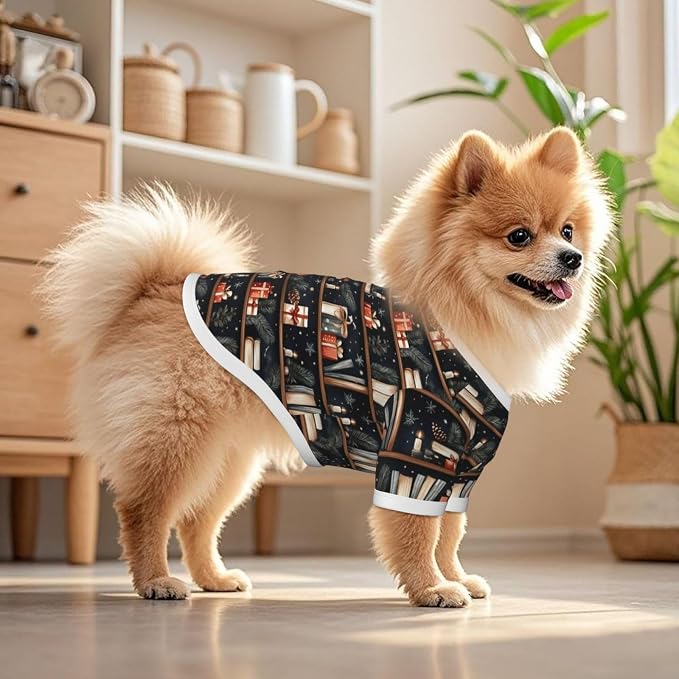 Christmas Bookshelf Dog T Shirt Dogs Cats Cotton Shirts Short Sleeve Clothes Soft Stretchy Pet Costume Doggy Outfit Pullover Jumper Puppy Sweatshirt Medium