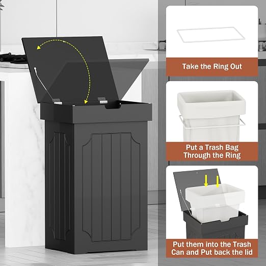 Function Home Trash Can Cabinet, 13 Gallon Kitchen Garbage Can, Wood Recycling Trash Bin, Freestanding Dog Proof Trash Can, Farmhouse Trash Cabinet with Lid for Home Kitchen Bathroom, Black