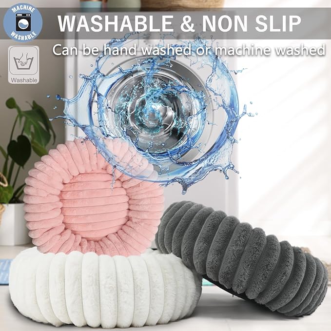 Donut Small Dog Bed Washable Cute Puppy Beds with Corduroy Fleece & Anti Slip Bottom, Round Faux Fur Pet Snuggle Beds for Large Cat, Pink, Small Breed 23x23x5.5 inches