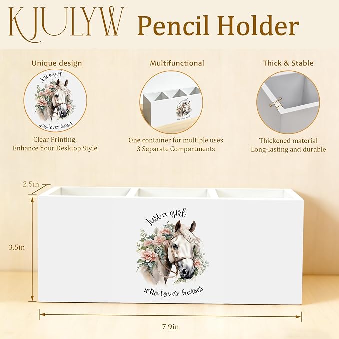 Horse Pen Holder for Desk, Horse Gifts for Women, Just a Girl Who Loves Horses Wooden Box Pencil Pen Holder Organizer for Home Office Desk Accessories