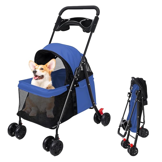 4‑Wheel Foldable Pet Stroller, Travel Strolling Cart for Small & Medium Dog | Breathable Visible Mesh Window, Cup Holder & Storage Basket, Rear Wheel Dual Brake, Portable Folding Design Navy Blue