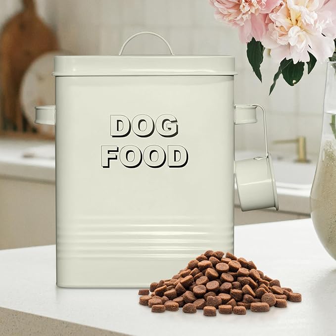 Plexon Metal Dog Food Storage Container with Scoop - Small Dog Food Container Holder Treat Jar Bin with Lid - Pet Chow Storage Canister Tin, 1.5 Gallon, 7 lbs, Off-White