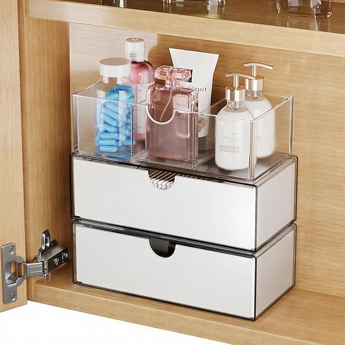 3 Tier Medicine Cabinet Organizer and Storage,Stackable Bathroom Medicine Organizer with Removable Dividers, Plastic Vanity Storage,White
