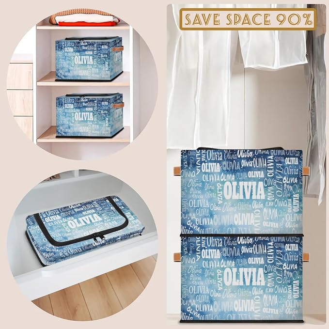 Personalized Storage Bins with Zipper Lid, Customized Name Storage Basket Rectangle Clothes Organizer for Organizing Kids and Pets Toys Shelf Closet, Watercolor Blue Starry Night