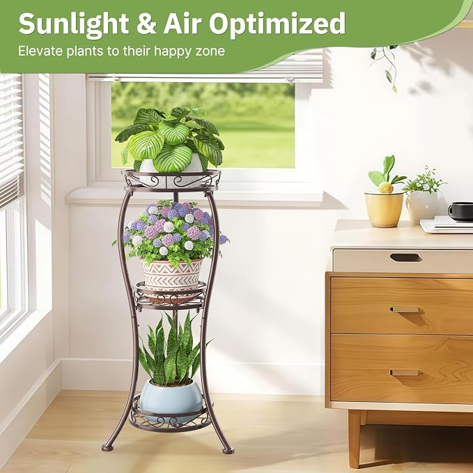 KMOTASUO Metal Plant Stand Tall for Indoor Outdoor Corner, 3 Tier Bronze | Heavy Duty Flower Holder Rack, Modern Vertical Iron Shelf for Patio Bathroom Office Garden