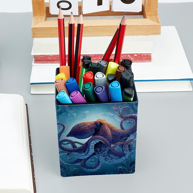 octopus Pen Holder for Desk Decor, Rectangular PVC Leather Pencil Cup for Desk Pen Organizer, Makeup Brush Holder for School, Home, Office