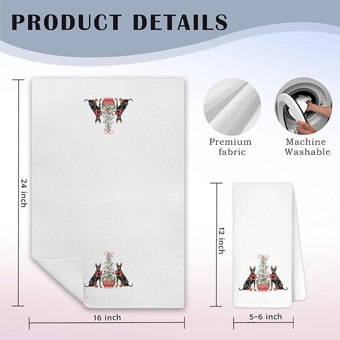Red Chinoiserie Christmas Doberman Dog Kitchen Towels, Doberman Gifts Dish Tea Towels for Kitchen Decor, Grandmillennial Christmas Red Bow Xmas Dog Hand Towel for Bathroom Decor, 16x24 Inch