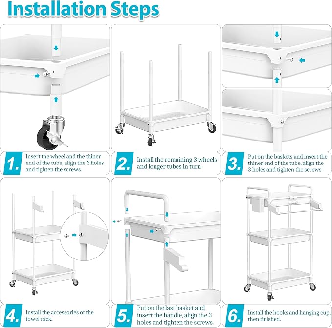 SPACEKEEPER Rolling Storage Cart, 3 Tier Utility Cart for Bathroom, White | Rolling Cart with Lockable Wheels, Towel Rack, Hooks & Cup for Laundry Room,Kitchen,Office, Snack,Craft,Art,Makeup,Nail,Toys