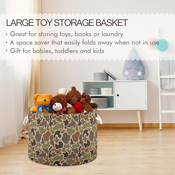 Duck Hunter Camo Collapsible Round Storage Basket with Handles | Camouflage Print Large Laundry Baskets Hamper, Clothes Organizer Bin for Bedroom Living Room Decor, 20x 20x 14 Inches