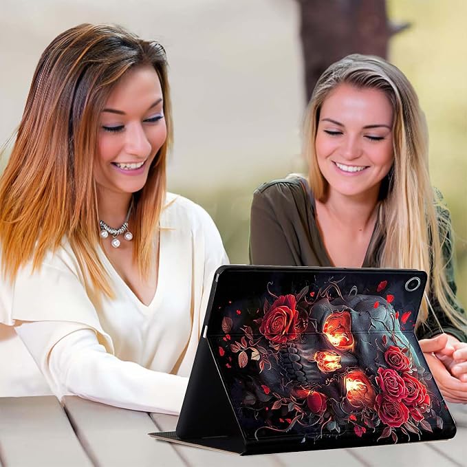 for Samsung Galaxy Tab A9 8.7 Inch 2023 (SM-X110/X115/X117) Tablet Case,Premium Leather Folio Stand Auto Wake/Sleep,Multiple Viewing Stand,Skull Rose Flowers