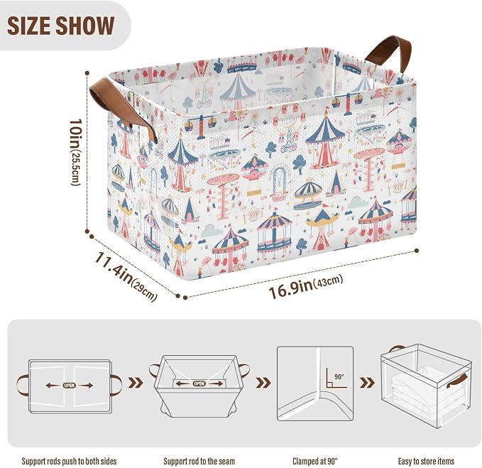 Dreamland Amusement Park Baby Storage Basket with Labels&Handles Rectangular Waterproof Nursery Storage Bins Collapsible Shelf Organizer Baskets for Kids Books Cloth Gift Toys Laundry