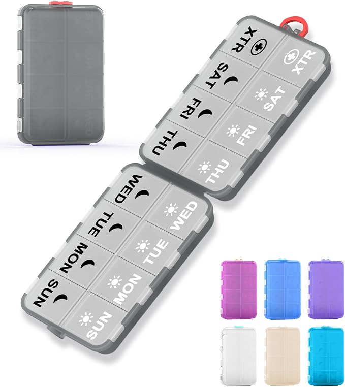 Pill Organizer Travel Medicine Organizer - Weekly Pill Organizer with 2 Extra Compartments, Clear Printed Labels, AM PM Pill Dispenser