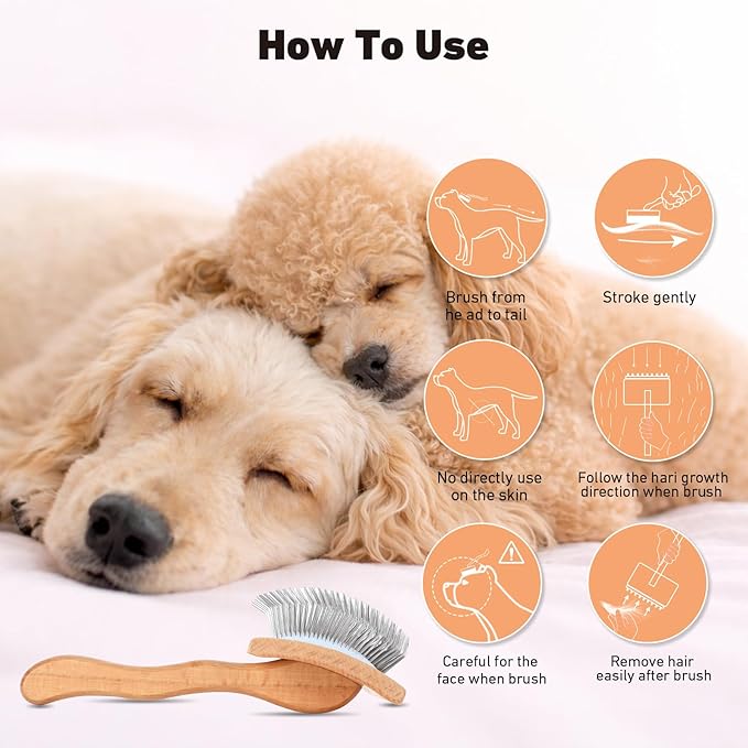 Dog Slicker Brush for Goldendoodles, Poodles & Long Haired Dogs - Long Pin Doodle Brush & Pet Comb Kit Removes Tangles Loose & Knots, Professional Grooming Tools with Wooden Handle, Natural