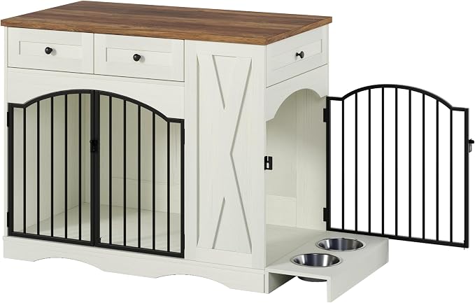 43.3" Farmhouse Dog Crate Furniture with 3 Drawers, Beige & Brown | Indoor Wooden Heavy Duty Dog Kennel Furniture with Removable Feeder, Dog Cage End Table for Medium Large Dogs