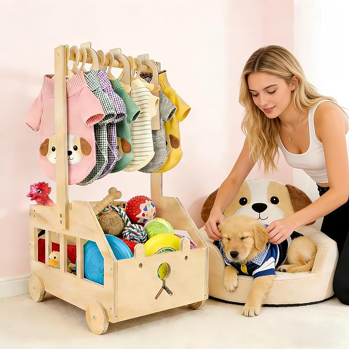 22" x14"x10" Wooden Pet Wardrobe Closet with 10 Hangers, 5 Split Labels & 1 Pen, Easy Assembly Crate for Dog/Cat Closet, Dog Closet Organizer for Toys Clothes and Accessories