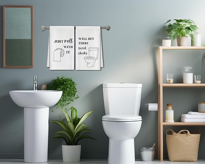 Bath Towels Set of 2, Funny Toilet Roll Dish Towel for Bathroom Spa Kitchen, Just Roll with It Decorative Hand Towels, Fast Drying Tea Towel, Housewarming Xmas Gifts for Women Mom -B35