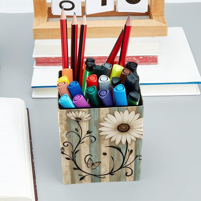 Flowers on Vintage Wooden Boards Pen Holder for Desk Decor, Rectangular PVC Leather Pencil Cup for Desk Pen Organizer, Makeup Brush Holder for School, Home, Office