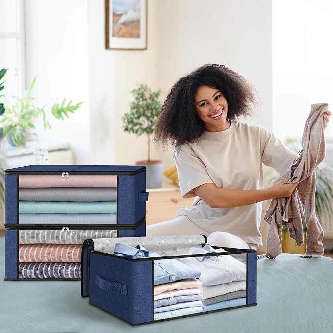 HomeHacks 10-Pack Clothes Organizer Storage Bags, 35L Storage Bins, Blue | Foldable Storage Box Container with Zippers, Clear Window, Reinforced Handles for Closet, Dorm, Pillows, Bedding, Sweater