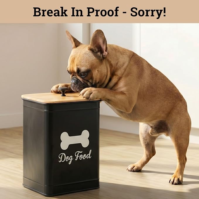 Metal Dog Food Container 5-7lb, 25 Cup w/ Airtight Bamboo Lid, Metal Handle | Pet Jar For Dogs up to 50lbs, Airtight Bamboo Lid, Sturdy Comfortable Metal Handle, Powder Coated Iron, Kibble Storage Bin