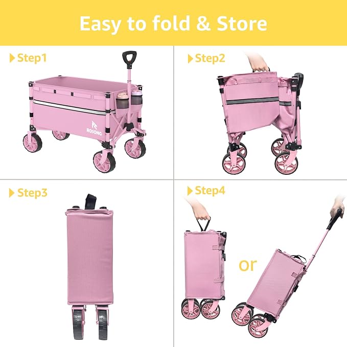ROSONG Collapsible Wagon Cart with Wheels Foldable - Folding Utility Heavy Duty Wagons Carts for Grocery Sports Garden Shopping Camping Wheelbarrows (Pink, 120L)