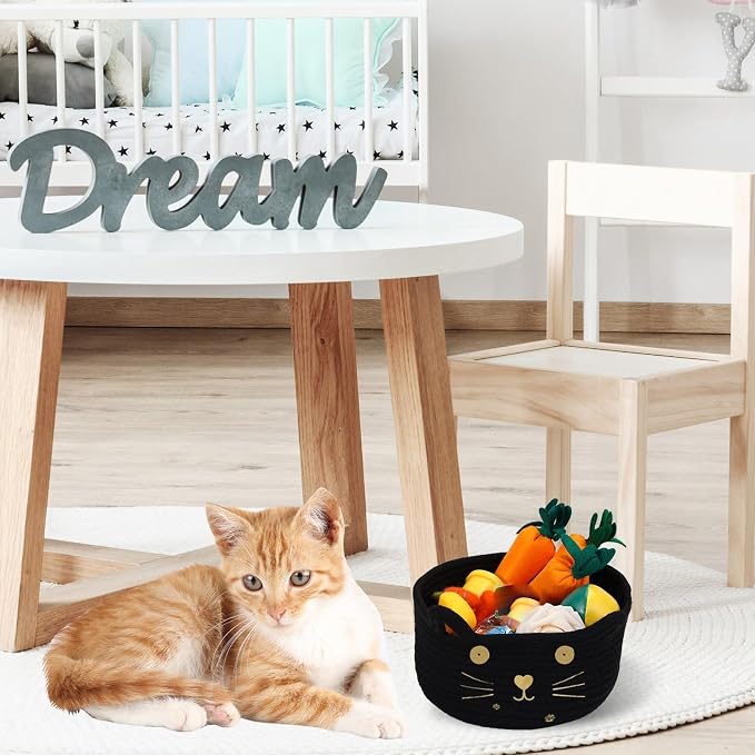 Zopeal Cat Storage Basket Woven Organizer with Ears Decorative Gift Cute Cotton Rope Pet Toy Basket for Gift Cat Dog Toy Bin Nursery Room(8.3 x 4.7 Inch,Black)