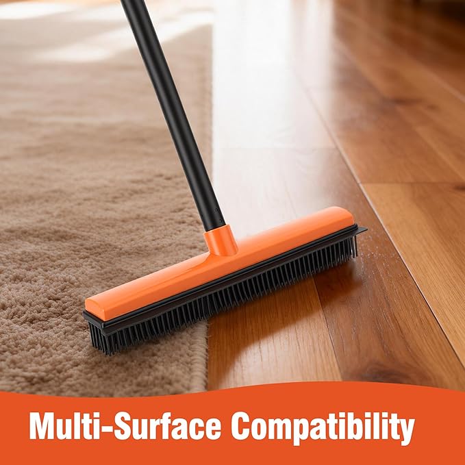 CLEANHOME Rubber Broom for Pet Hair on Carpet & Stairs, Adjustable Long Handle Rubber Broom & Squeegee, Pet Hair Remover Tool for Hardwood Tile Floors, Dog Cat Hair Broom
