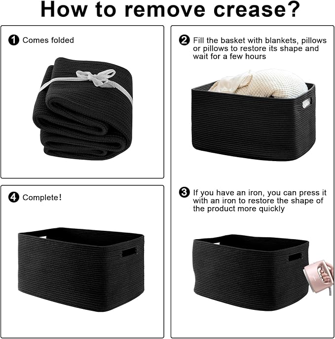 OIAHOMY 118L XXXLarge Rope Storage Basket, Oversized Blanket Basket Black | 25" x 17" x 16" Used for Organizing Dirty Clothes in Living Room, Bedroom, Nursery, Extra Large Basket,Dog Toy Storage Bins