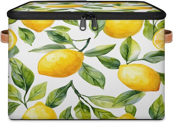 Pardick Storage Bin Fruit Lemon Storage Baskets with Zipper Lid & Handle Foldable Closet Shelf Cloth Organizer Basket Cube Bins Clothes Organizer for Nursery, Bedroom