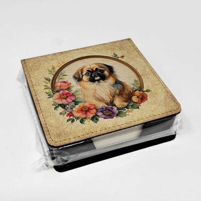 Caroline's Treasures Pekingese and Flowers PU Leather Note Paper Holder with Artist-Designed Cover, Desk Accessory, Office Gift