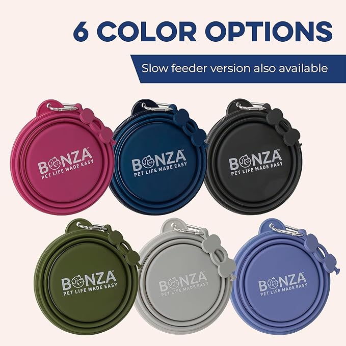 Bonza Collapsible Dog Bowls - Small 12 oz, Dog Travel Accessories, Silicone Portable Dogs Bowl & Water Dish with Reinforced Rim & Carabiner for Hiking, Camping, and Car Trips, Black