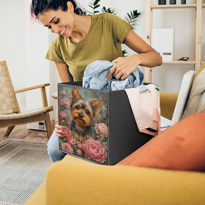 Yorkie Dog Floral Portrait Storage Bin with Handles, Oxford Fabric Foldable Storage Cube Organizer for Clothes, Towels, Bedroom, Living Room, Home Organization