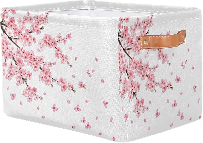 Basket Storage Bins Japanese Cherry Blossoms Rectangle Cube Basket Box Kids Girls Boys Toys Organizer Beaket Decor Foldable with Handle for Living Room Bedroom Closet Nursery Office Shelf Gifts