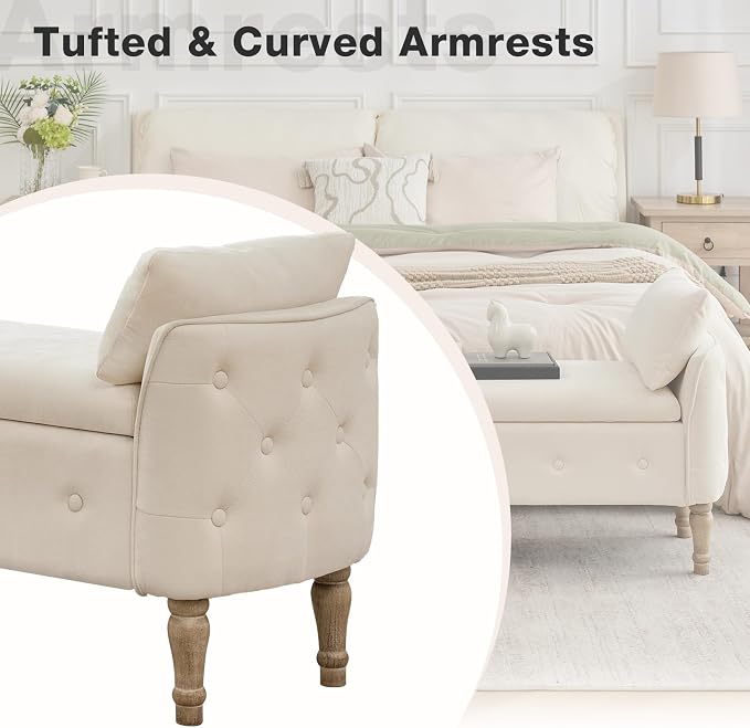 End of Bed Storage Bench King Size,51" Upholstered Bedroom Bench,Beige | Linen Storage Bench for Bedroom End of Bed ,2 Cushion, Vintage Wood Legs ,Tufted,Storage Ottoman Bench for Entryway Window