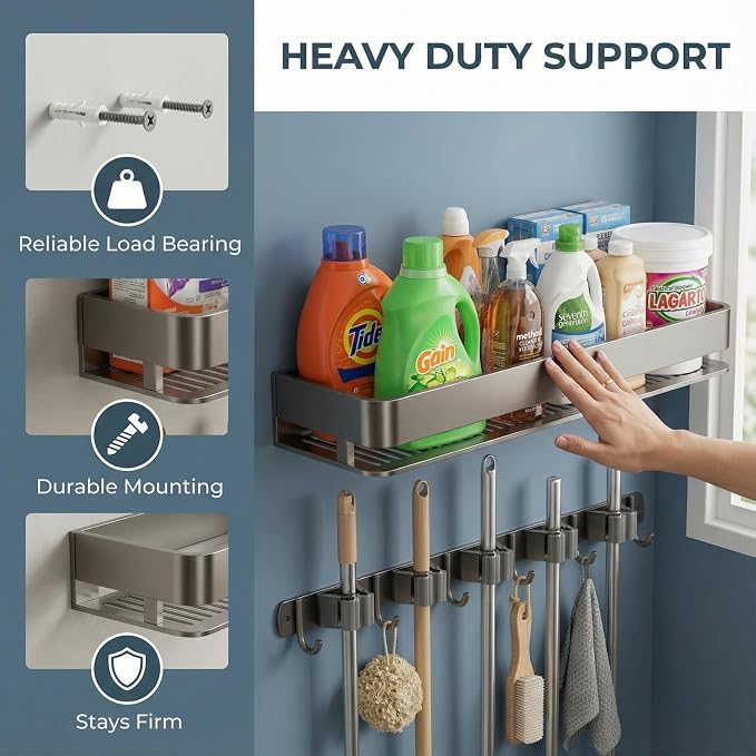 Broom Holder Wall Mount 24 Inch, Heavy-Duty Hooks & Sturdy Anti-Fall Large Capacity Shelf, Holds Brooms, Mops, Vacuums & Cleaning Supplies for Laundry Room, Garage and Closet