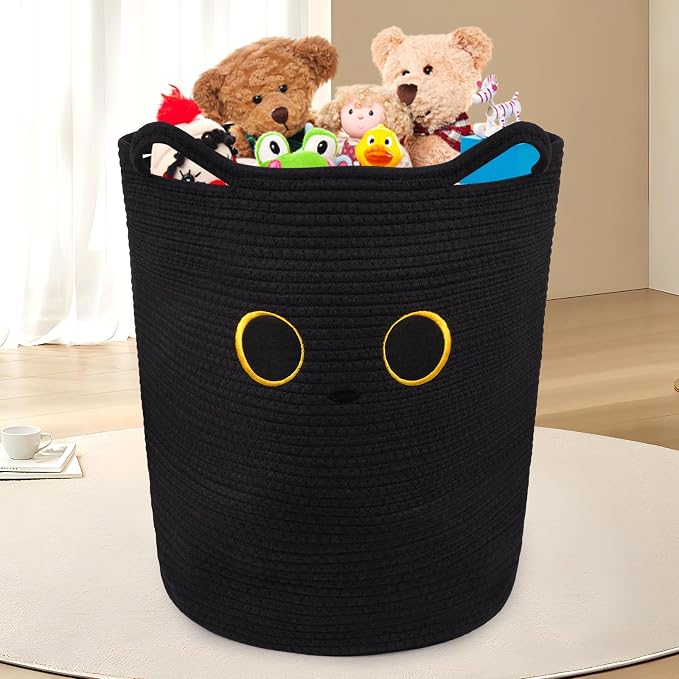 Tall Black Cat Laundry Basket for Nursery, Cute Large Woven Cotton Rope | Blanket Storage Basket , Baby 0rganize Blanket Shower Hamper Box with Handles, 53L Clothes Bins, 15"D×18.1"H