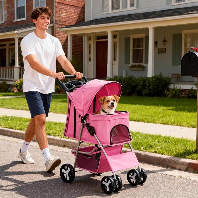 ZENY Foldable Pet Stroller, Cat/Dog Stroller with 4 Wheels | Pet Travel Carrier Strolling Cart with Storage Basket, Cup Holder (Pink)