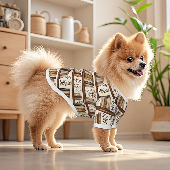 Bookshelf Floral Dog T Shirt Dogs Cats Cotton Shirts Short Sleeve Clothes Soft Stretchy Pet Costume Doggy Outfit Pullover Jumper Puppy Sweatshirt Medium