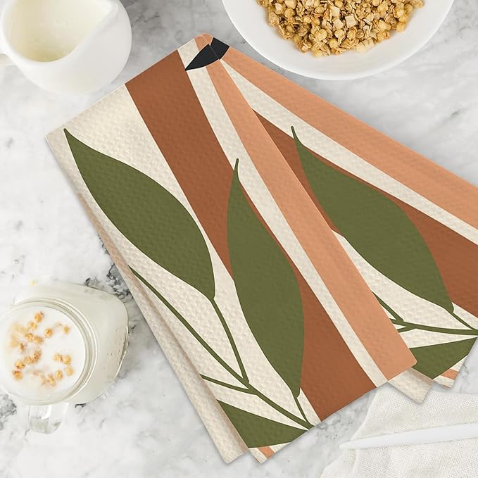 Boho Minimalist Leaves Hand Towels,Set of 2 Absorbent Bath Towel Kitchen Dish Towel Home Gym Hotel Bathroom Decor,16x24 Inches