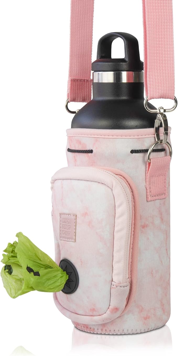 Made Easy Kit Water Bottle Carrier with Pocket for Dog Poop Waste Bags and Adjustable Padded Shoulder Strap (Large (32oz) with Bowl, Pink, Marble)