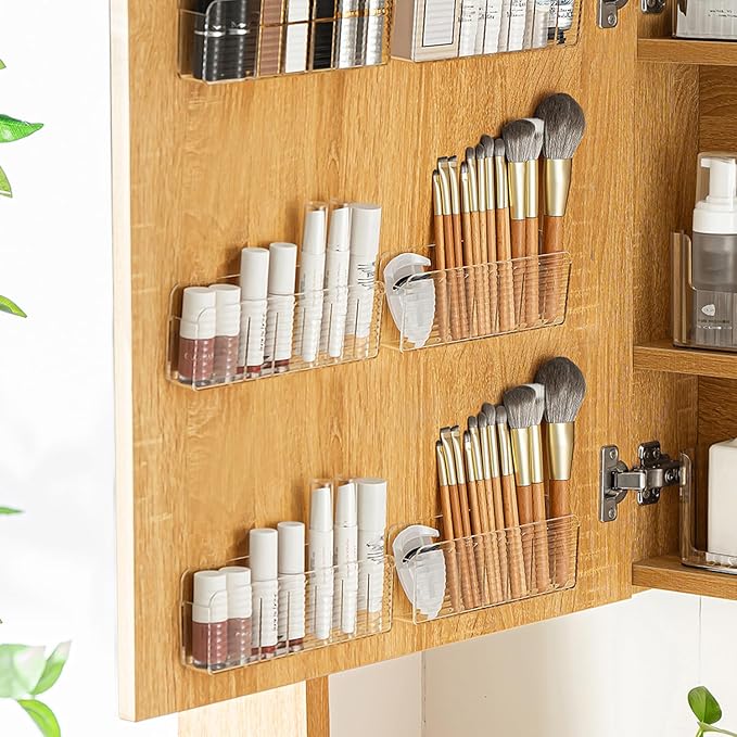 Bathroom Medicine Cabinet Organizer Set, Small Narrow Compact Shelves Holder Compartments for Lipstick, Facial Mask, 2 Pcs Trays for Cabinet Wall, Vanity - Clear