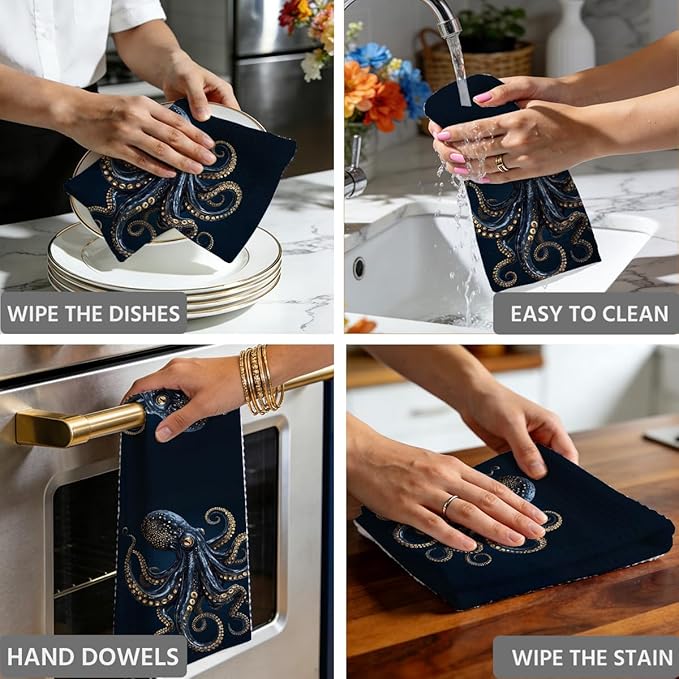2PCS Goth Octopus Kitchen Towels 14x24 Inch, Absorbent Microfiber Decorative Dish Cloth Tea Towel, Dark Style Octopus Waffle Hand Towels for Kitchen Home Bathroom, Housewarming Gifts for Women