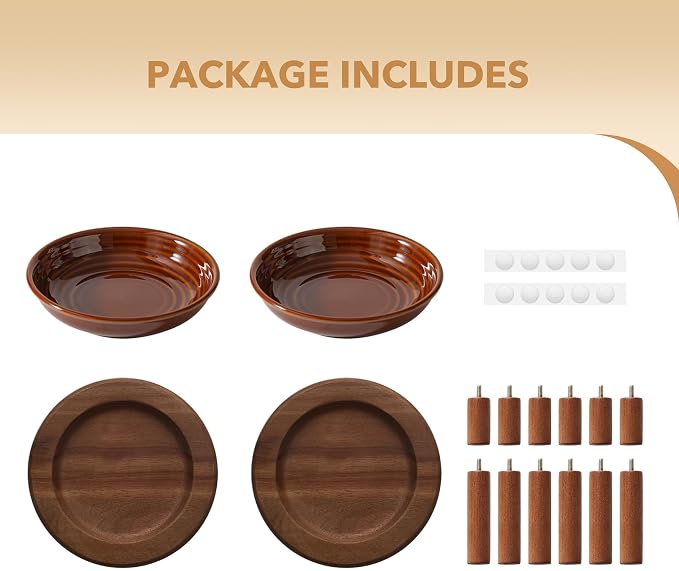 Havniva Elevated Cat Bowls, Ceramic Cat Bowl with Wood Stand, Wide Opening | 5.7” Raised Cat Food Bowls, Whisker Friendly Cat Dish, Anti-Slip Cat Water Bowls, Shallow Cat Bowls, Cat Food & Water Bowl