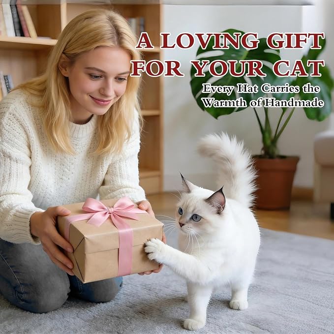 Bow Cat Hat, Cotton & Soft Cute Knitted Hats for Cats Birthday Party Spring Puppy Hat for Small Pets (Red, M)