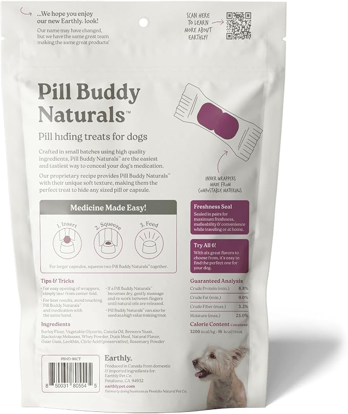 Presidio Earthly Pill Buddy Naturals - Duck (Chicken-Free) Pill Hiding Treats for Dogs - Pill Pocket for Any Size Medication - 90 Servings