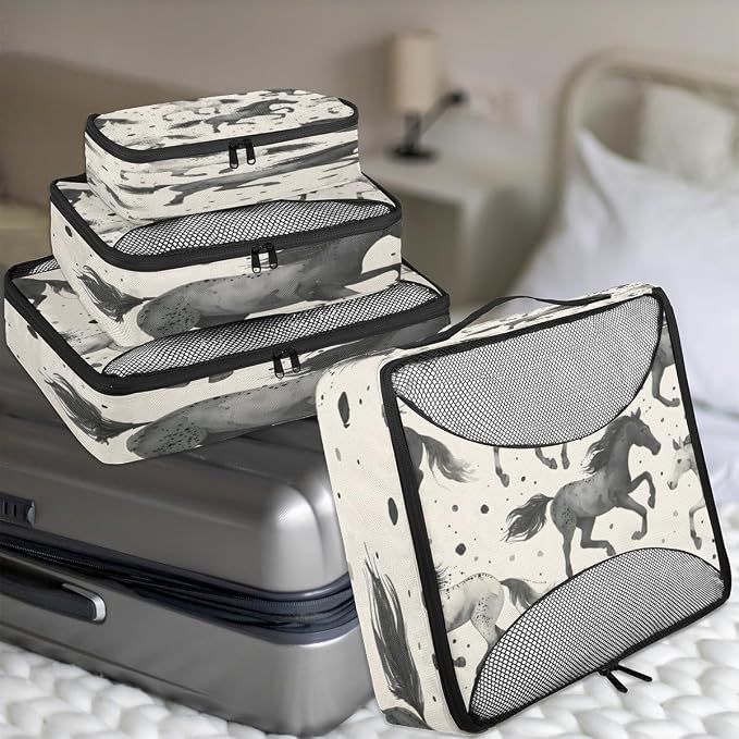 Horse 4 Set Travel Packing Cubes for Accessories, Suitcase Organizers Luggage Bags Set with Double Zippers & Mesh Top