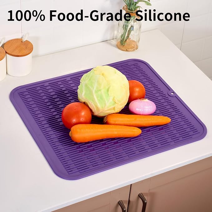 ZLR Oversized Silicone Dish Drying Mat for Kitchen, 16"x18", Meadow Violet | Family-Size Drainboard for Pots & Pans, Thick 4mm No-Curl, Heat-Resistant Trivet to 450°F, Non-Slip, Rolls to Store