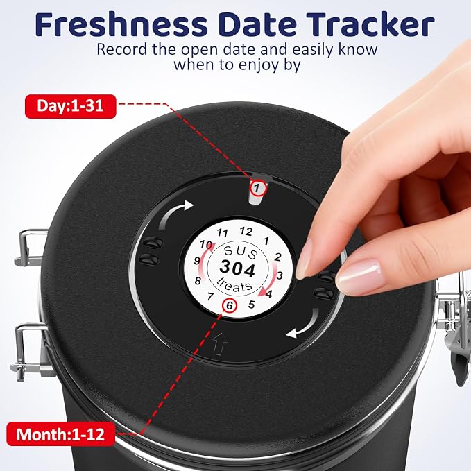 ENONCI Airtight Dog Treat Canister, 304 Stainless Steel Food Storage Jar with Date Dial Black-1.5L