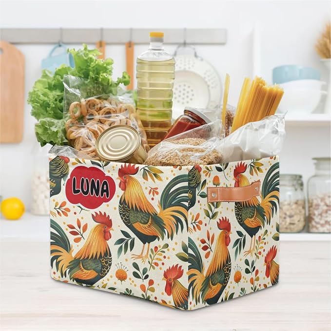 Custom Storage Baskets for Kids Name, Large Foldable Organizer Collapsible Storage Bin with Leather Handle for Home Toys Closet Nursery, Farmhouse Cock Rooster
