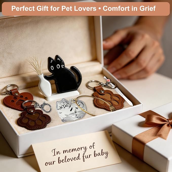 5-Piece Cat Fur Keychain, Pet Memory Charm & Whisker Storage Rack | Pet Loss Remembrance Accessory, Heartfelt Memory Gift, Suitable for Cat & All Pet Lovers