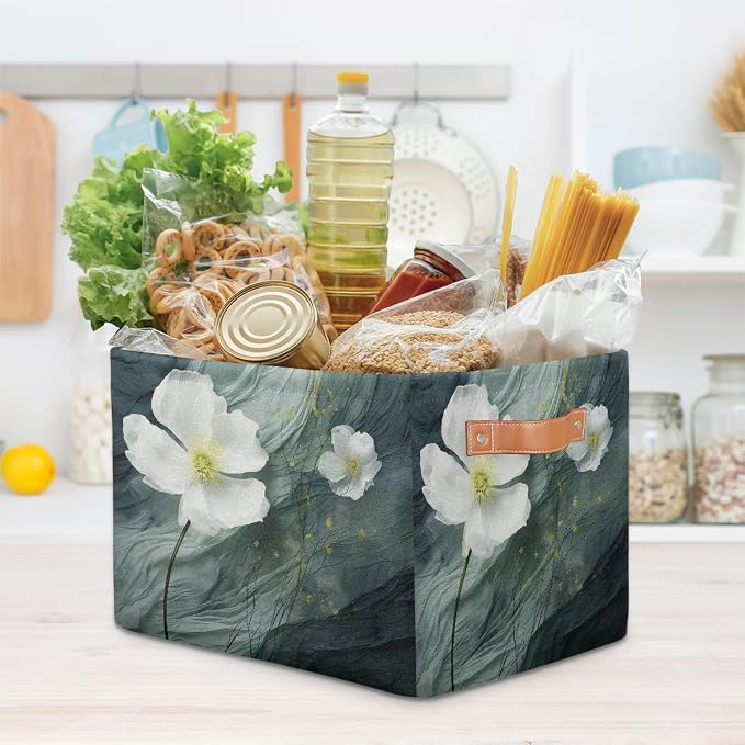 White Floral Flower Rectangular Storage Bin Collapsible Storage Basket Organizer Boxes with Leather Handle Storage Cube for Shelves Toy Laundry Nursery 1 PC